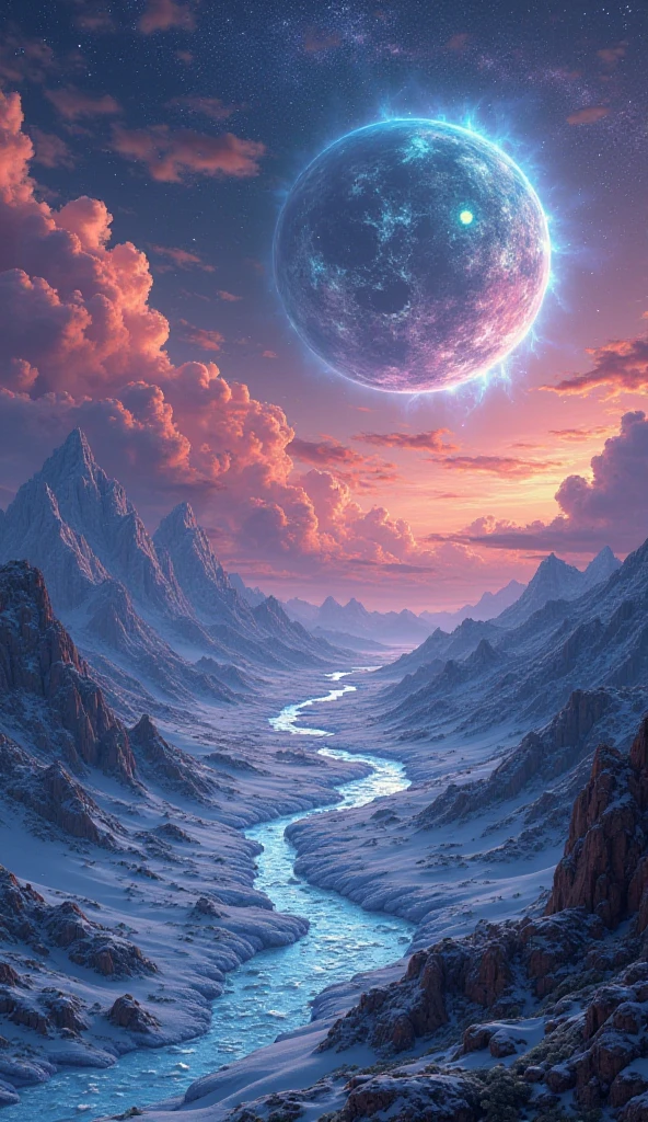 auroras that illuminate the sky and creatures that survive in extreme conditions. An arid landscape with colorful sand dunes unusual, with glowing glaciers, Geography , Flora and fauna

2.Water planet: A world covered in dense forests with giant trees, with huge electrical storms and bioluminescent floats that glide in the air {x} formations strange rocks and hidden oases full of resilient plants and adapted creatures.4.Water planet: exotic plants and rich fauna, the characteristics of the terrain and any life that inhabits planet, A world covered in vibrant colored clouds.5.Forest planet: where ecosystems are vibrant and full of life, A world covered in ice and snow, including giant, bioluminescent creatures. Instructions : For each planet, Describe the landscapes of each of the following planets. considering its atmosphere, create an illustration or visual design that represents the landscape.