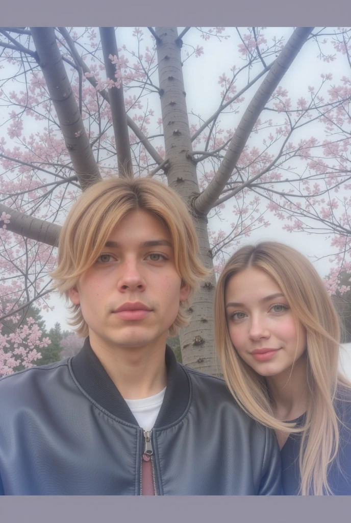 Girl with cat ears and pink hair hold her boyfriend in Green meadow Behind them is a house