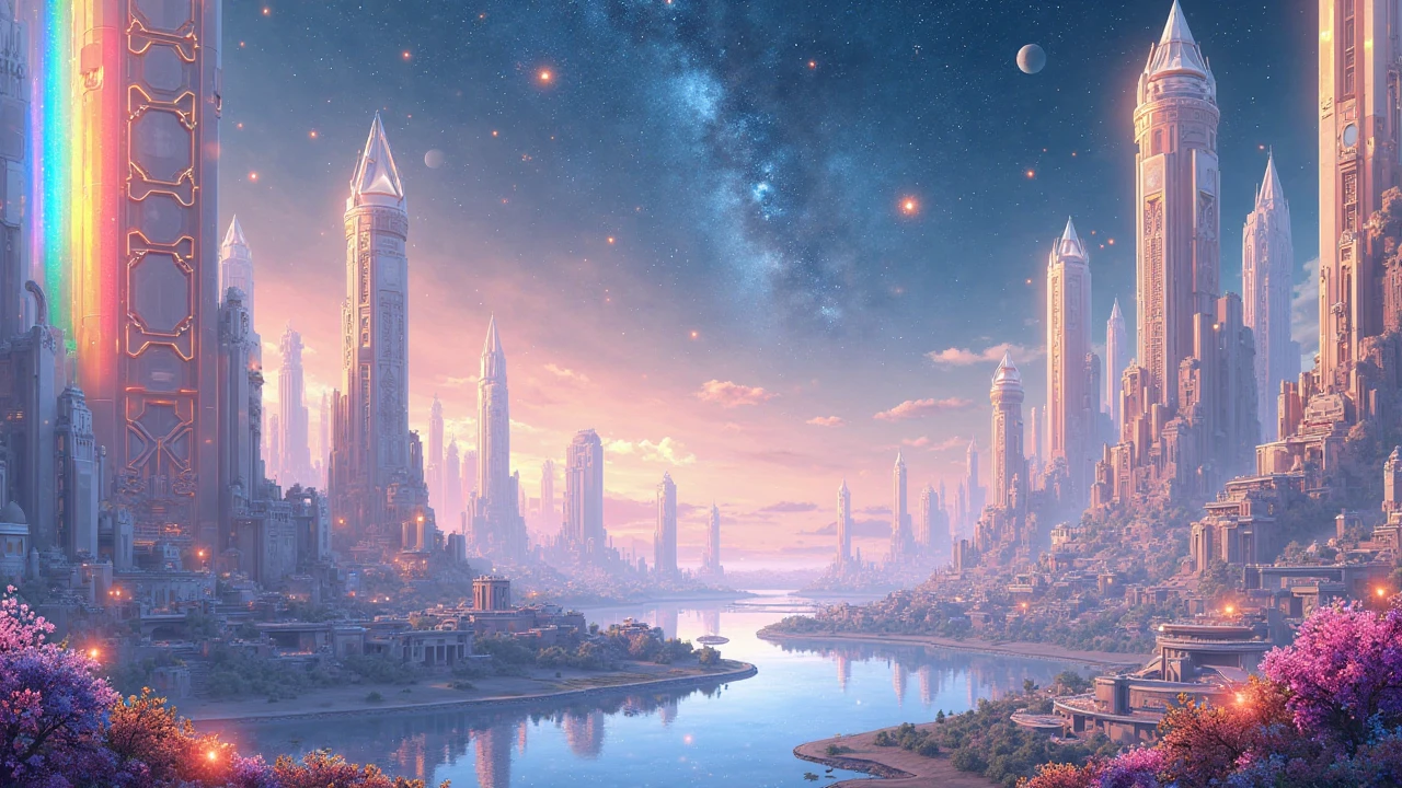 A breathtaking panoramic view of a futuristic crystal city on the planet Aetheris in the Nebulon Galaxy, glowing with rainbow light, towering crystal skyscrapers with smooth, translucent surfaces reflecting light in all directions, intricate geometric patterns on the buildings, floating gardens with glowing flowers hovering in the air, a serene and peaceful atmosphere, soft morning light casting a golden glow, a starry sky in the background, anime fantasy style, highly detailed, vibrant colors of white, blue, and gold, cinematic lighting with rainbow reflections, ethereal and magical ambiance, 8K resolution, --ar 16:9