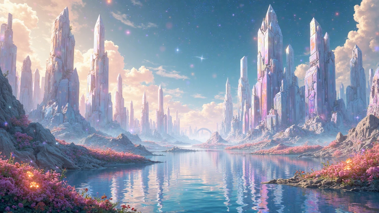 A breathtaking panoramic view of a futuristic crystal city on the planet Aetheris in the Nebulon Galaxy, glowing with rainbow light, towering crystal skyscrapers with smooth, translucent surfaces reflecting light in all directions, intricate geometric patterns on the buildings, floating gardens with glowing flowers hovering in the air, a serene and peaceful atmosphere, soft morning light casting a golden glow, a starry sky in the background, anime fantasy style, highly detailed, vibrant colors of white, blue, and gold, cinematic lighting with rainbow reflections, ethereal and magical ambiance, 8K resolution, --ar 16:9