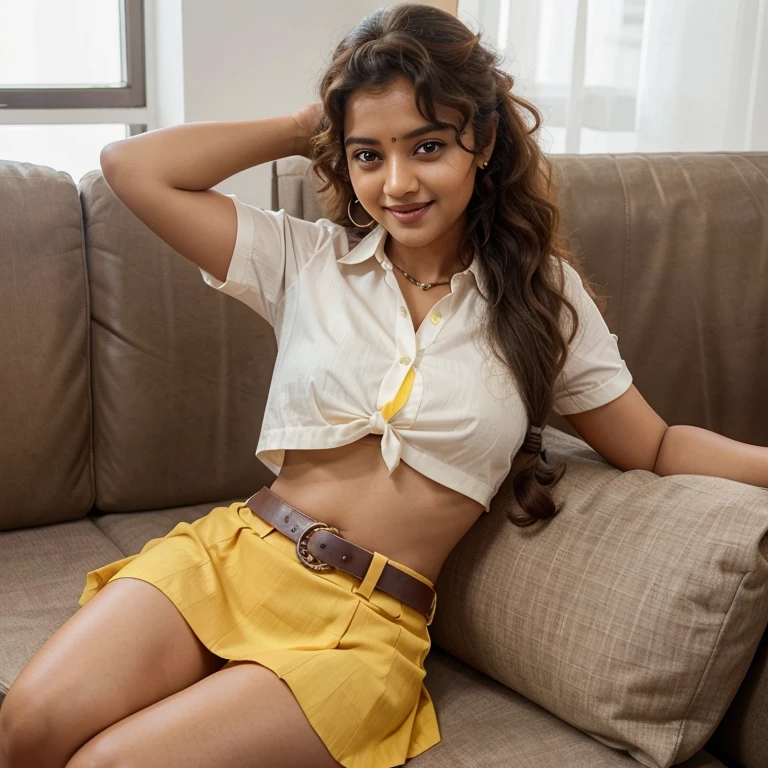 Tamil girl, , sitting relaxed & listening music in her room, ((head phones), (eyes closed), (smirk:1.1), (very long hair)) UHD, 64K, natural beauty, (wearing:1.6 yellow shirt, floral long skirt), (high Quality:1.6 face, ears, nose, eyes, eyelids, glossy lips, beautiful curves, hands, arms, legs, thighs, anatomy, body parts), rich colors, soothing atmosphere, realistic, ultra realistic, award winning photograph, (background:1.6 desktop, (cartoon:0.9) wallpaper, shelves, bed, books)