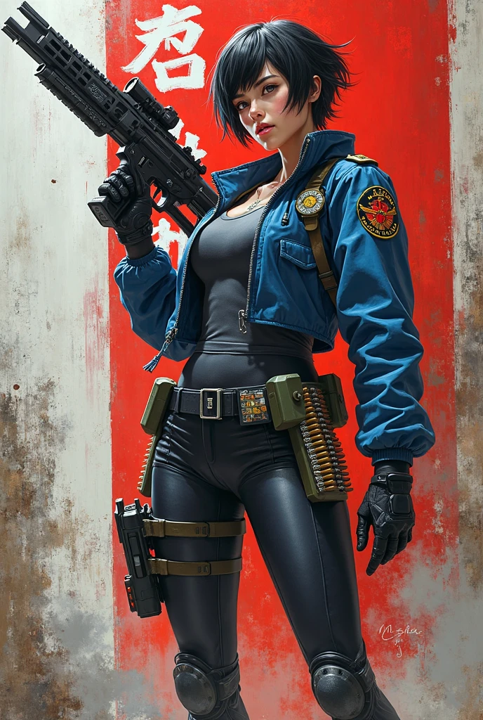 ### 🔫 **Character Poses:**
- **Overall Poses:** A beautiful woman with short hair and a good figure/standing in a confident and powerful pose, leaning slightly back and looking up to the left side of the image, as if she is eyeing something with confidence.
- **Right Arm:** Raised high, holding a long sci-fi pistol in her hand, holding the gun in a stable and determined pose.
- **Left Arm:** Holding another gun in a position that is dropped to the side of the body, but still in a ready-to-use pose.
- **Legs:** Both legs are slightly spread apart, standing firmly, with equipment and weapons firmly attached around the thighs and waist.
- **Facial Expressions:** A calm, cold face, showing confidence and fearlessness, ready to fight in any situation.
### 🎨 **Art Style:**
- **Cyberpunk / Sci-fi:** An oil painting style that uses thick lines to emphasize details/armor, accessories, and a background with Japanese-sci-fi style letters all over the wall.
- **High Detail Rendering:** The drawing is very detailed. Both in terms of muscles, armor, wrinkles of the cloth, and very realistic lighting
- **Character design in the style of anime mixed with reality:** Such as big eyes, sharp lines, but mixed with real textures, such as light falling on the skin and cloth
- **Color and light:** Use dark colors and high contrast, contrasting with a white-red background, making the character stand out clearly
### 🧥 **Details of clothing and weapons:**
- A military-style blue jacket with many badges and insignia
- Dark black tights with knee pads, a shirt with a slit showing the calves
- A belt with bullets and tight equipment
- Two guns that look like cutting-edge technology
- There are tattoos or makeup on the face