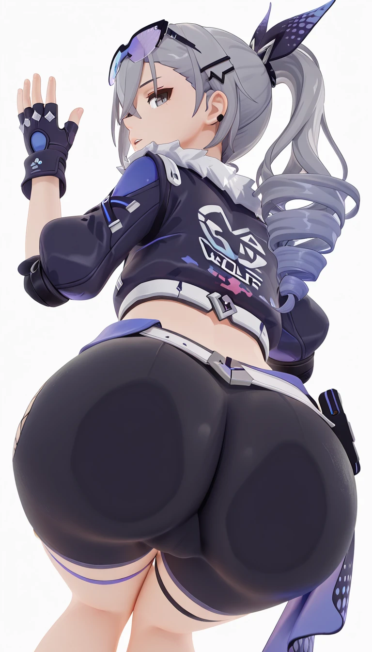 Anime girl standing in front of the computer in short pants and jacket, Kusart Kents, digital art on Pixiv, Guweiz art station on Pixiv, pixiv 3DCG, Guweiz on ArtStation Pixiv, in Pixiv, Kantai series style, by stone tao, azure lane style, buttocks, big ass, ass, erotic pose, big ass, shiny skin