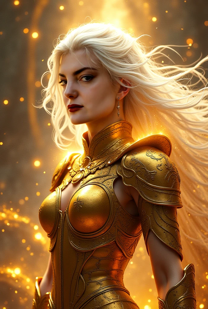 Woman with white hair and golden armor with a scale of the sign Libra 
