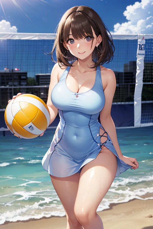 (Sweat, White skin:1.5、Aggressive Posture, ), Camel toe, healthy, , ((Beach Volleyball Swimsuit)),Large Breasts, Solid body、healthy的身体、((Big eyes in anime)), Back