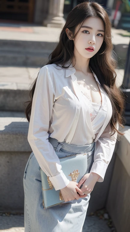 ((Highest quality, 8k, masterpiece: 1.3)), sharp: 1.2, Perfect body beauty: 1.4, Slim Abs: 1.2, ((Layered Hairstyles, flat chest: 1.2)), (濡れた White Button Long Shirt: 1.4), (smile:1.4)、Highly detailed face and skin texture, Fine grain, double eyelid, Looking down at the camera)、(mini skirt)、(whole body)、(High heels)