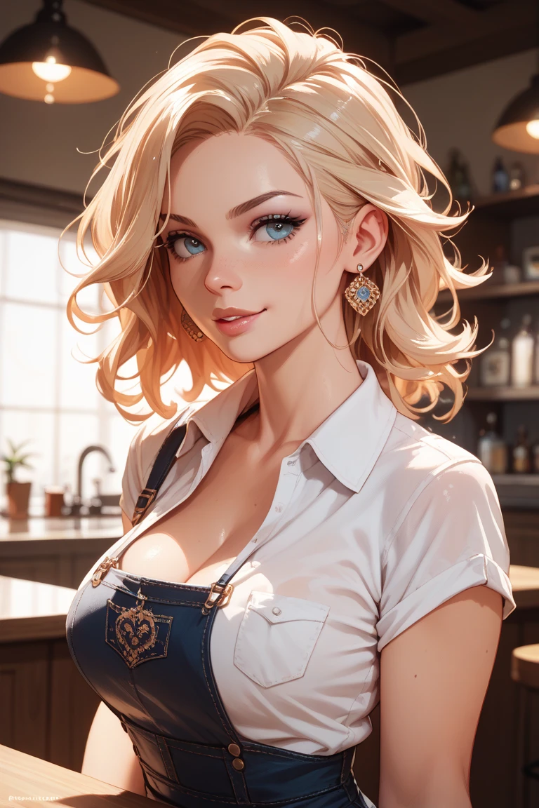 40s　One woman　A fawning smile　White short-sleeved T-shirt, tattoo, beautiful blonde　Long Hair　up　A worn-out bar　Bourbon　Perfect and detailed facial expression　Perfect and detailed eye depiction　Perfect and detailed hair　Perfectly detailed upper body　Perfect and detailed breast depiction　Perfect and detailed depiction of the chest T-shirt　Big Tits