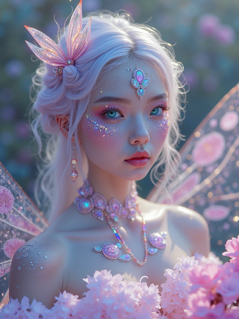 close-up of a portrait of a beautiful transparent ((fluorescent fairy)), misty, made of crystal, red and pink, skeleton, aesthetics of horror, ((flowers in smoke)), black haze, clear drawing of details, the thinnest transparent invisible silk, thin shoulders, pink pattern, body art, transparency, dark vegetation, digital art, intricate details, elegance, mysticism, surrealism, realistic, overly detailed, blurred background, small sparks.A dude from Canada
