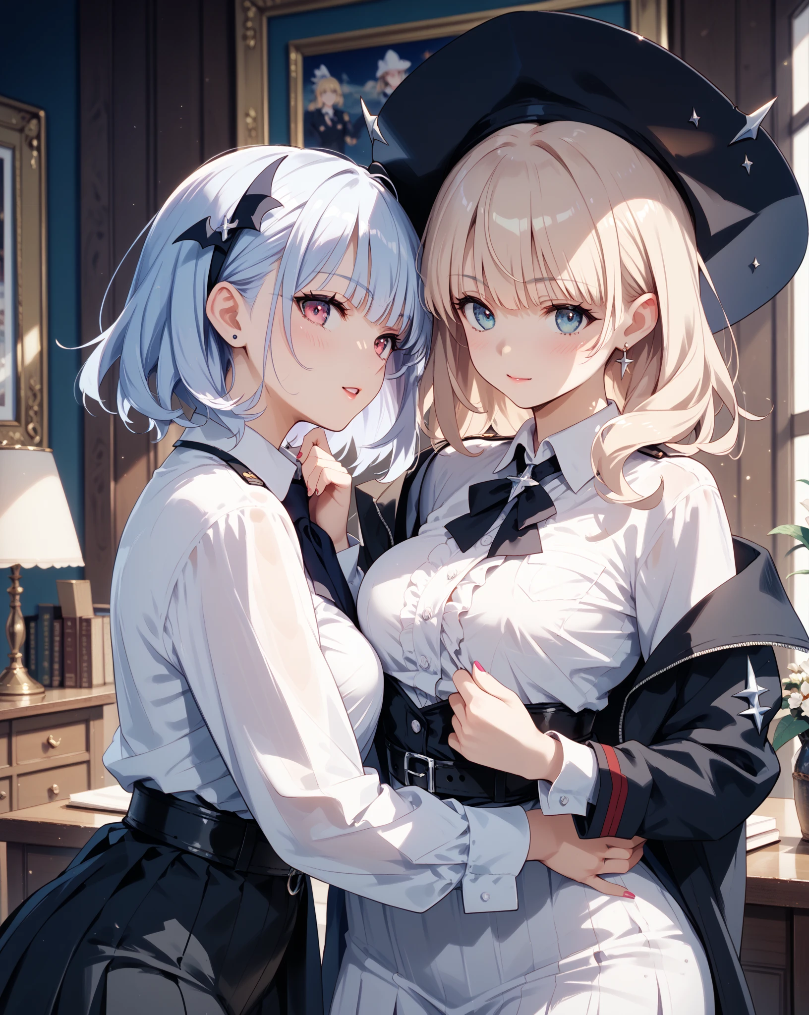 This is an abandoned classroom.、You can see the blackboard in the background、I can see a meteor shower、Two naked adult women A and B leaning on a desk、A is a naked woman with white hair wearing a large black witch hat with sapphire accessories、B is a naked woman with dark brown hair wearing a large black witch hat with garnet accessories、witch's hat、blue eyes、They're naked、She's naked、my々can see their pink nipples、Pubic hair is visible、Beautiful nude body、R18 Illustration、Eromanga、erotic illustration、Two-dimensional illustration、Japan Anime、drawn by Japanese ilastrator、high-level image quality、4K picture quality、High Quality、hight resolution、5 million pixels、high détails、beatiful backgrounds