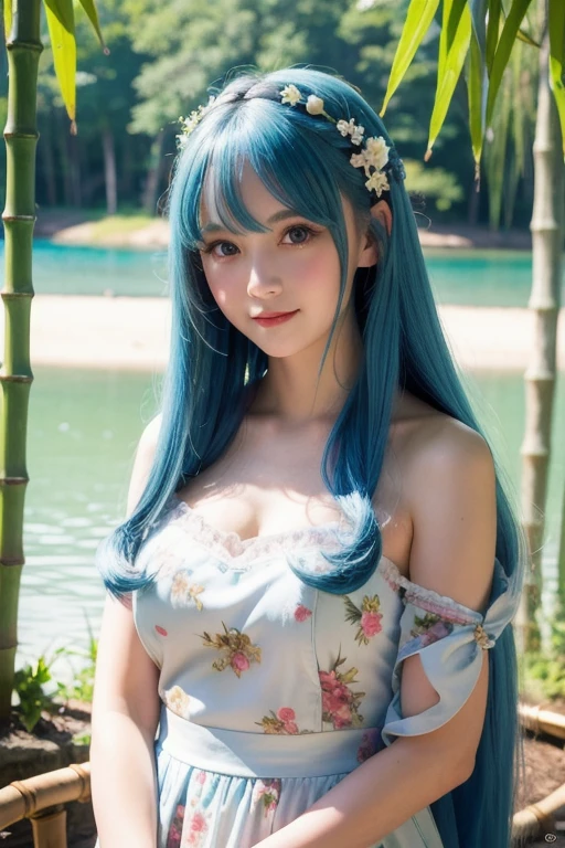 (highest quality, 32k, High resolution, Masterpiece:1.5, ), god々A photograph with brilliant dazzling and healing power., ((Illuminated by the strong light of midsummer)), Evoking a sense of calm and elusive beauty, Expressing emotions, Have a rich imagination, Japanese Girls, An exceptionally beautiful face, ((slouch:1.4))Perfect Human Anatomy, Magical big eyes, fleeting smile, Motherhood and generosity, ((Shiny light blue hair), (Intricately messy super long straight silk hair)), Asymmetrical bangs are beautiful, Hair between the eyes, Transparent and soft skin, Neat, thin eyebrows, Natural double eyelids, Natural Makeup, Cheek highlighter, Pale pink detailed lips, ((Brown high quality bikini)), ((Beautiful resort beaches)), Beautiful, clear, blue sea, White sand beach, Detailed summer sky, High resolution perfect collarbone, High resolution beautiful bust, Slender body with ample breasts, High resolutionの美しい太もも, Hair that shines in the dazzling midsummer sunlight, Professional Lighting, Professional Photographer, Professional Model,God's Secret
