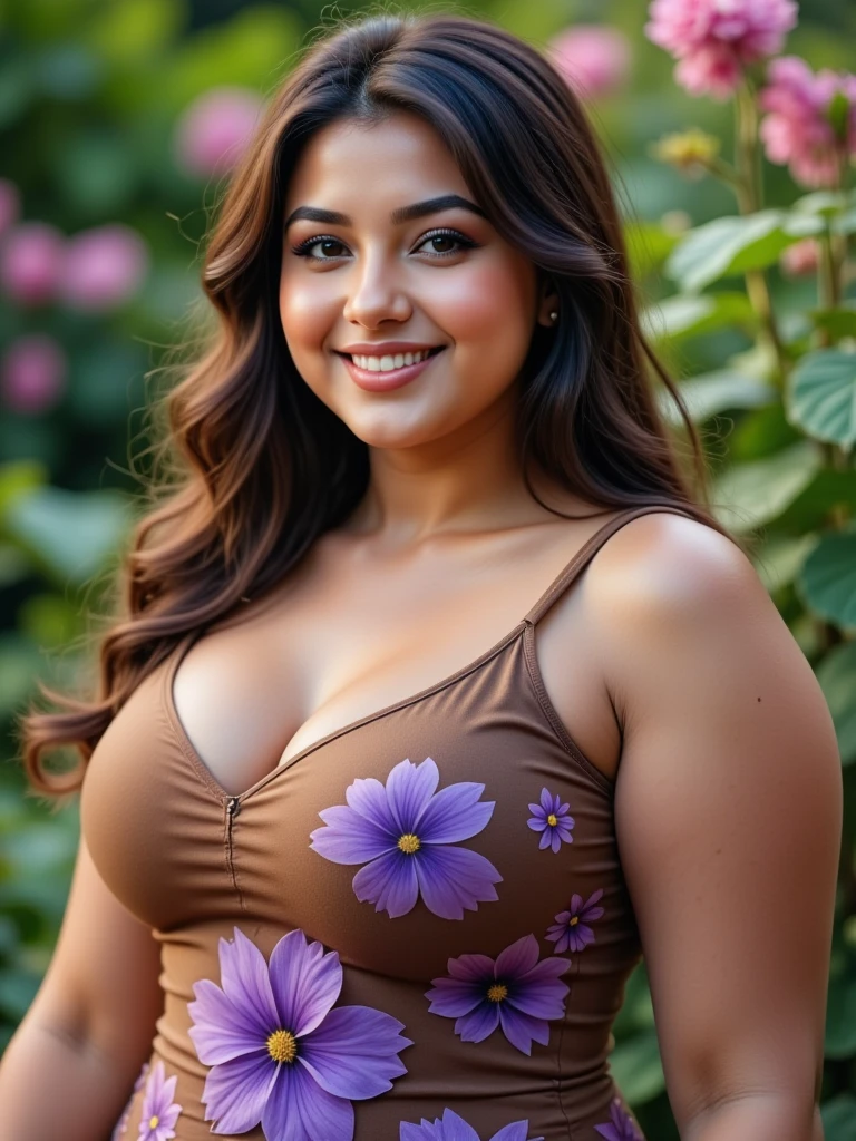 The image is a portrait of a young woman sitting in a river. She is wearing a colorful bikini top with a floral pattern and a matching skirt. Her hair is styled in loose curls and she is wearing large gold earrings. The woman is smiling and looking directly at the camera. The background is filled with rocks and greenery, and the river is flowing over rocks. The overall mood of the image is peaceful and serene.