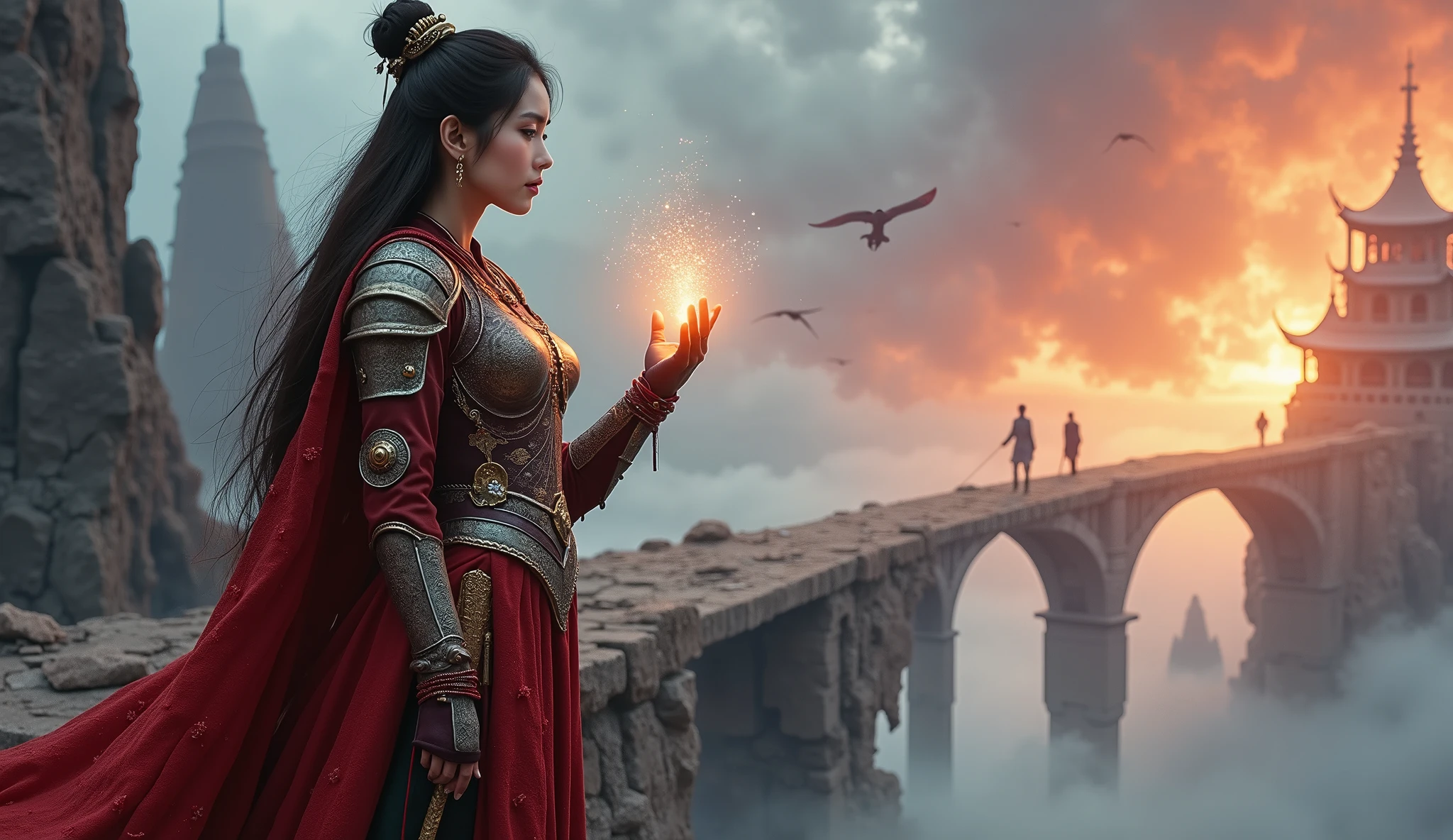 A warrior asian chinese queen stands at the edge of a broken sky bridge, her once-glowing armor cracked from battles fought for love. Behind her, a kingdom of memories crumbles into floating embers; in her hand, a shattered locket leaks soft light like stardust. She looks forward into the stormy void with unwavering eyes, casting away a glowing rune that once tethered her to a lost love—a phantom knight now walking away through mist, holding hands with a faceless shadow. The scene pulses with defiance and heartbreak: torn banners caught in wind, thunderclouds parting slightly to reveal rising light. Her dragon companion circles above, ready to fly her beyond the ashes. Color palette: deep crimson, stormy gray, with glints of silver and gold signifying resilience.
