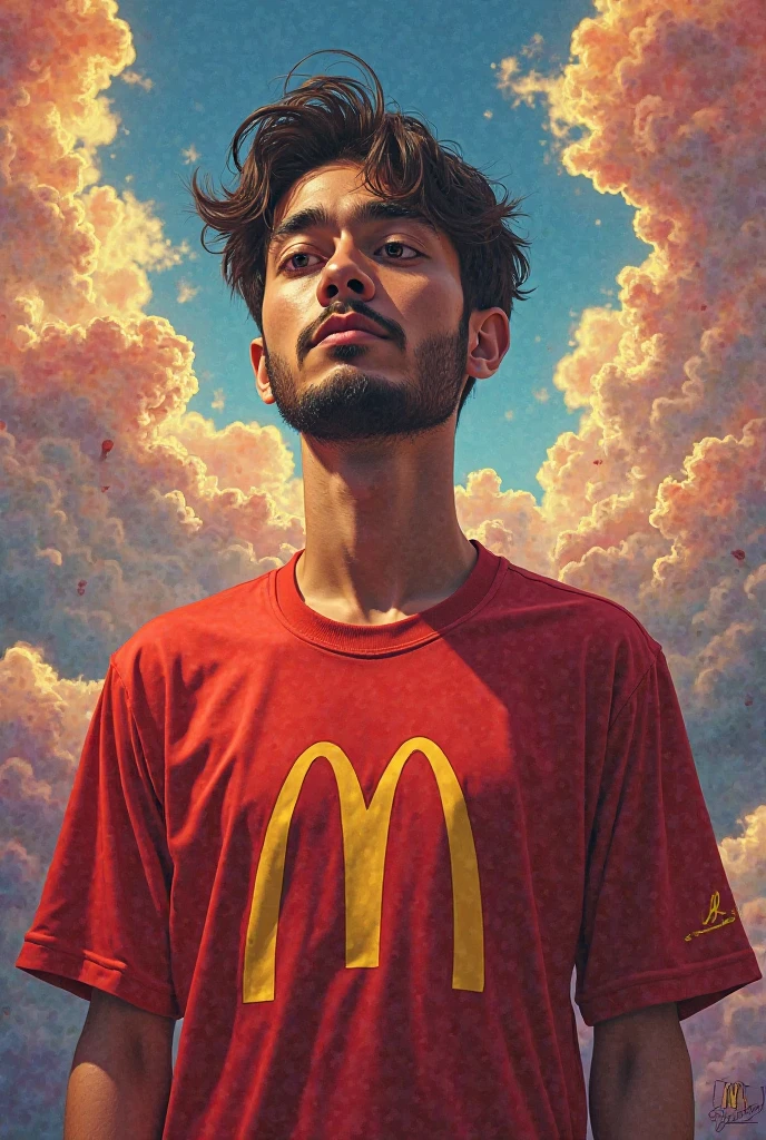 McDonald's logo and a man wear a shirt of MacDonald his name is nouman prin on shirt