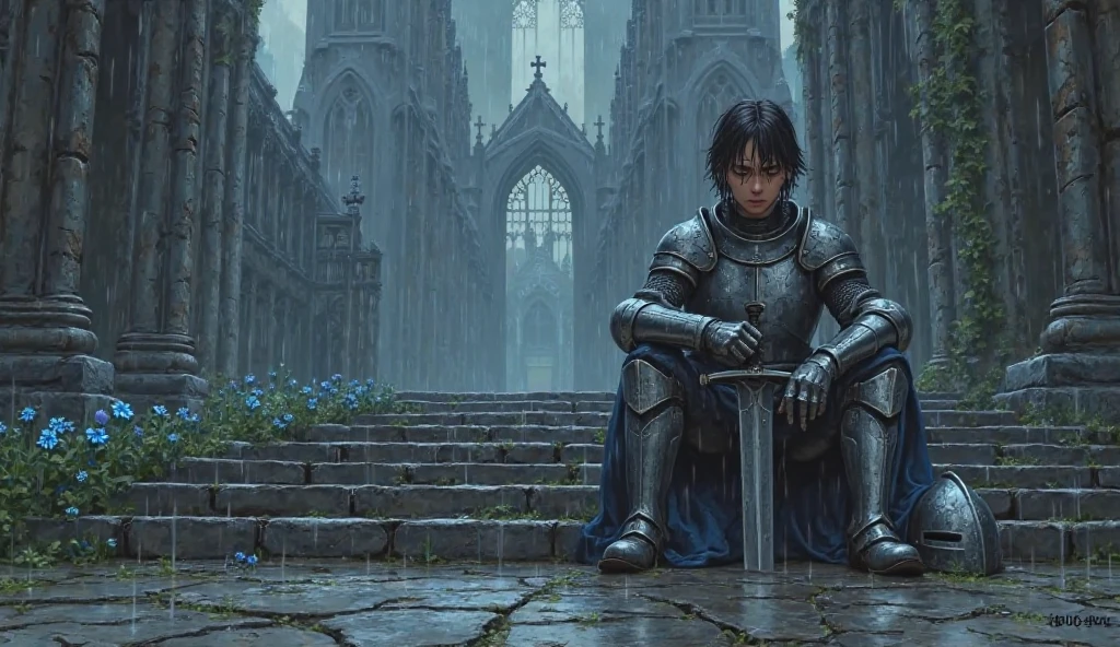 Create a 16:9 cinematic digital painting in a semi-anime, painterly style. The scene depicts a sole armored knight seated on the cracked marble steps of a grand ruined cathedral. Rain pours gently from a slate-gray sky, casting a moody, melancholic atmosphere. The knight wears full silver armor with subtle decorative engravings, slightly worn from years of battle. His helmet rests beside him on the steps, revealing a young but tired face, with long, wet bangs clinging to his cheeks and closed eyes, as if deep in thought or barely holding back tears.

The ruined cathedral looms behind him—massive arches broken, stained glass shattered, ivy crawling up the remnants of stone pillars. Water drips from the edges of collapsed stone. The scene is lit by the cold blue-gray ambient light of the storm, reflecting softly on puddles forming on the cracked stone floor.

The knight holds a long sword across his knees, tip down, hands gently resting on the hilt—not in tension, but in quiet stillness. Raindrops slide down his armor in thin streaks, creating an almost hypnotic texture. A few glowing blue flowers grow stubbornly between the cracks in the stone, adding a faint touch of magic and hope to the somber setting.


---

Art Style Notes:

Use soft anime character proportions (not exaggerated) with delicate linework.

Textures should feel like hand-painted anime backgrounds, with painterly brush strokes, subtle lighting gradients, and rain effects that feel atmospheric rather than harsh.

Think moody but beautiful—something you could stare at for a long time and feel at peace despite the sorrow.