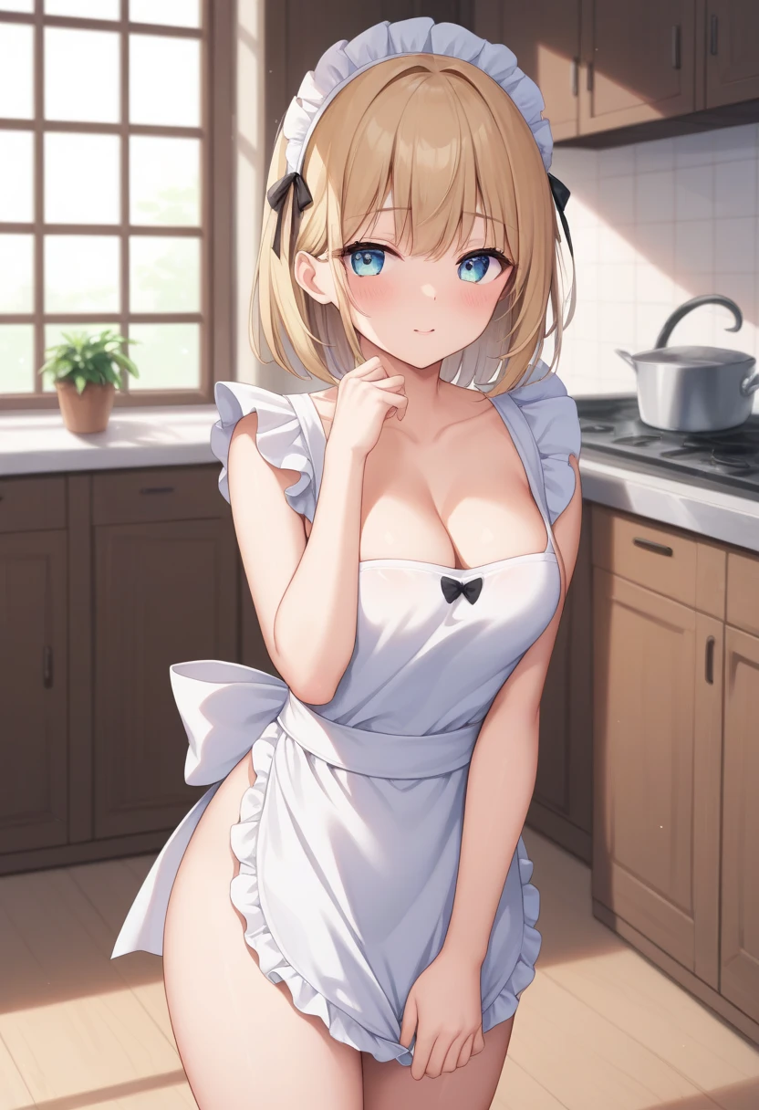 (Beautiful Arafifu woman),(((Accentuate your breasts:1.3))),(Dynamic Angle),(Dynamic and sexy bending pose:1.3),(Sit on a chair:1.3),(Shiny silver and orange inner color short hair,Big ample breasts,Clothing gets messy due to movement,Chest slip,(Intricately braided and beaded twisted ponytail bun,Braided Setup Fishbone Hair),(See-through bangs),Huge breasts、(((A white lace apron that shows your bare skin from under your big breasts.....)))、blush with embarrassment、Dreamy eyes、A smile that captivates the viewer、(look back:1.7)、Take a look at the photographer,Sweaty skin,Staring at the audience,(Professional Lighting),(In 8K,Tabletop,Highest quality,Ultra-high resolution output images,),(Ultra HD with Intricate Detail Picture Mode),Depth of written boundary,Beautiful Hands,Beautiful fingers,Detailed finger features,(Detailed hair features:1.7),Detailed facial features,Detailed clothing features,