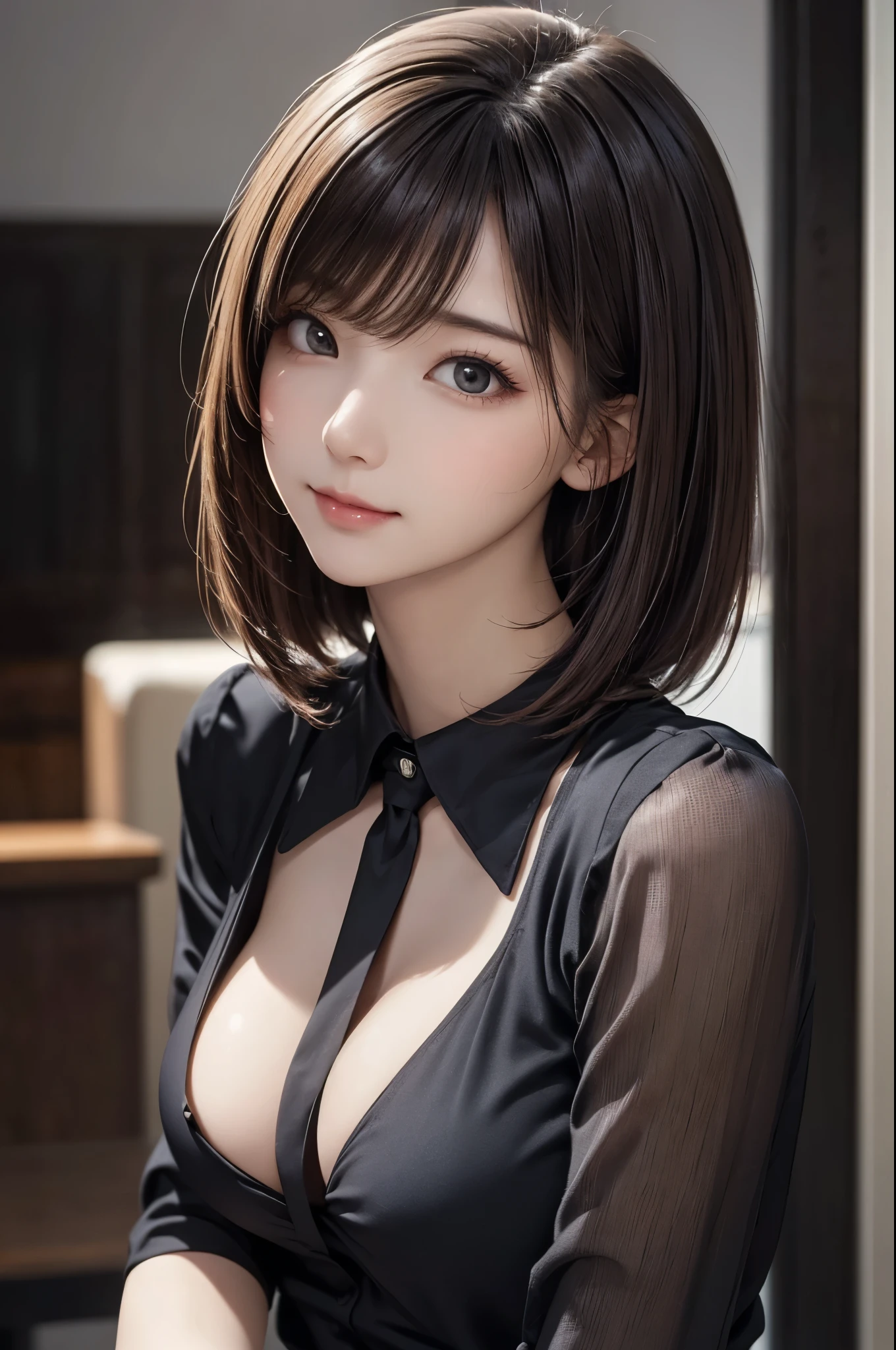 Tabletop, highest quality, One Girl, (beautiful girl:1.3), (18-year-old:1.3), Very good eye clarity, (Symmetrical eyes:1.3), (Police Costume:1.2), Beautiful breasts,Big Breasts,Big Breasts,Visible cracks, Brown eyes, Parted bangs, Brown Hair,Police uniform revealing cleavage,erotic,The finer details