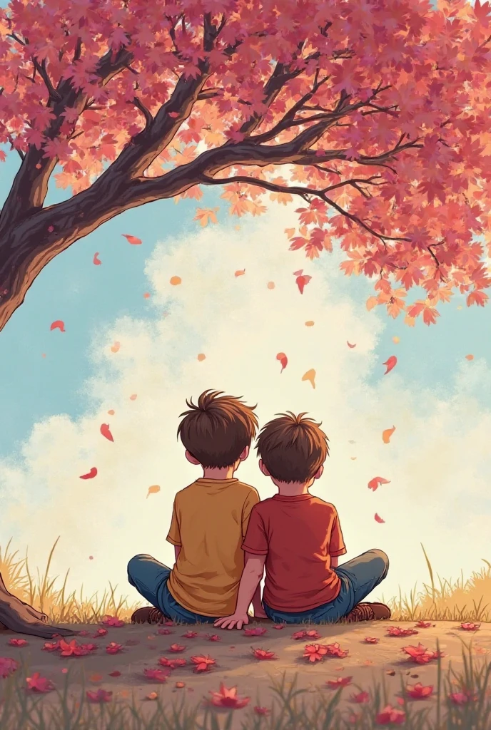 Show two children (both male) lying on the grass under a big oak tree, looking up at the sky. The sky should be bright with fluffy clouds, and both children are smiling, enjoying their time together. I want it to be a children's book art style. Keep their clothing simple. Use soft, calming colors that matches the sad atmosphere. The illustrations should balance between sadness and comfort.
