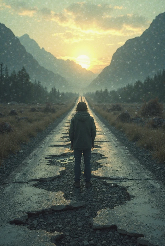 A sad picture of someone standing in front of a broken road to reach a distant place that is very beautiful and has light 