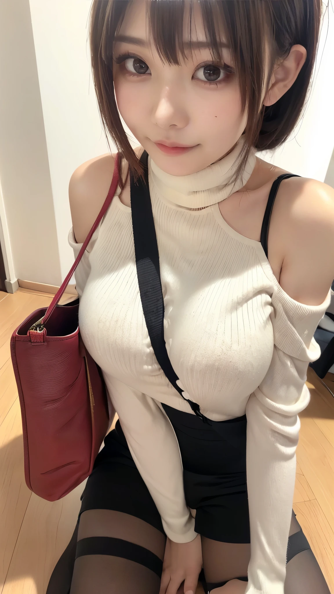 ( shoulder bag strap passes between chest:1.4)、 autumn park、In the Wind 、( look away、Quinting and Smiling、big smile)、(realistic、 live-action 、8k, realistic, RAW photo, top quality)、 SLR camera 、top quality, realistic, detailed CG Unity 8K Wallpaper , depth of the drawn boundary, cinematic light , lens flare , ray tracing , realistic background、( Black Turtleneck Long Sleeve Knit :1.3、 shorts、 black tights:1.3)、 cute Japanese girls 、((full body))、( short hair、 Put Your Hair Together )、 I like that style 、 (Stylish body line) 、 are very good and detailed、 Attention to detail 、Perfect outfit、( I've had sunburned skin for a long time)、beautiful legs:1.1、 front view、Accurate Arm、Meet in the park、(detailed eyes and faces between desks:1.2, professional photography techniques)、(detailed hands:1.3, perfect right hand:1.3)、(perfect anatomy:1.2)、( detailed legs:1.3, thin thighs, beautiful feet:1.3)