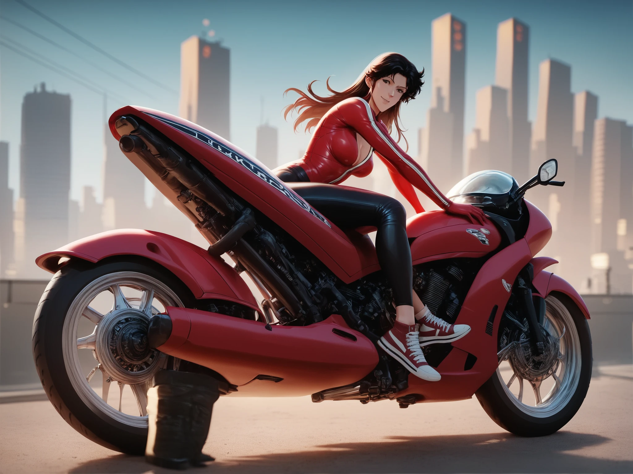 1girl, , The tight, red leather jumpsuit, long sleeves, white-striped, white striped lettering (dainesc), chest visible, red gloves, red motorcyclist helmet, leather long red motorcyclist boots, smiling, seductive, sitting on a red motorcycle (Honda), the helmet weighs on the wheel of the motorcyclenight, cityscape, blurred background, depth of field, backlight, BREAK check_9, check_8_up, check_7_up, check_6_up, check_5_up, check_4_up, of the East_anime, (high quality, sneakers in detail, beautiful), shiny, outstanding, contrast color,