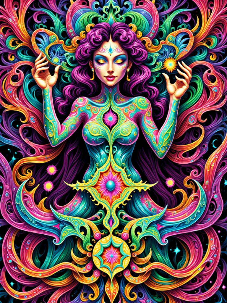 (masterpiece, highest quality, best quality, award winning, official art, beautiful and aesthetic:1.25), (1girl:1.3), extremely detailed, detailed face, (fractal art:1.2),colorful,highest detailed,(zentangle:1.2), (dynamic pose), (beautiful flowing hair), (abstract background:1.35),(shiny skin), (many colors:1.1), flowers, acid colors, (lsd:1.3), (glitch:1.1), (beautiful lighting), (good anatomy), (good proportions)
PsyAI, <lora:PsyAI_128:1.2>,