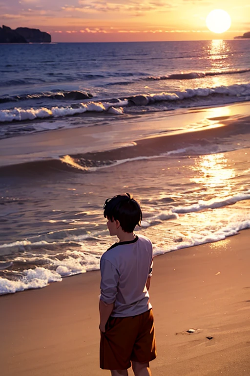 early morning,Waves crashing on the beach,The sun shines on the sea,A boy looks at the waves,Only the back
((best quality)), ((masterpiece)), (detailed),