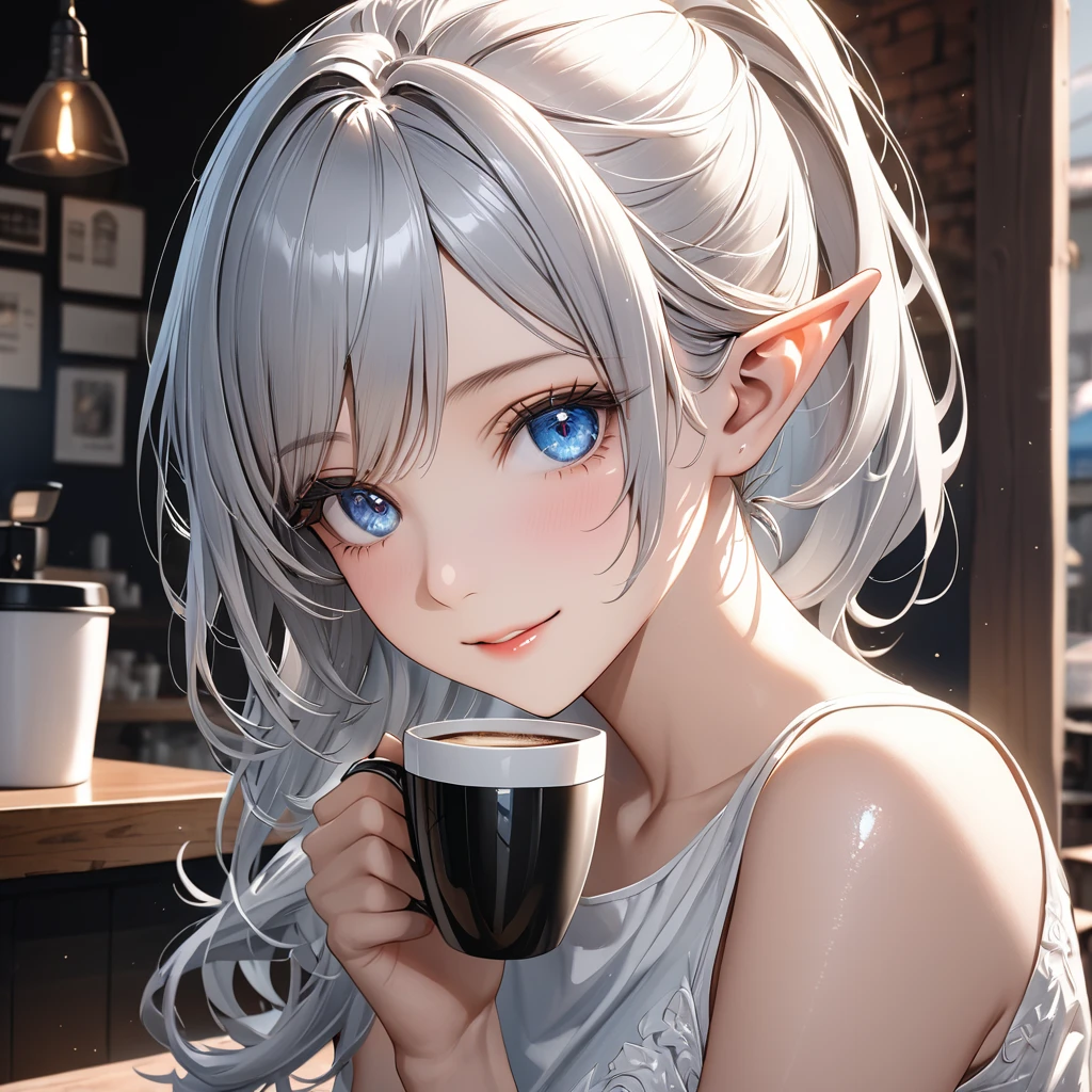 (masterpiece:1.15),best quality,best aestethic,(high resolusion:1.2),(ultra detailed 8k art:1.15), ultra-detailed face, beautiful detailed eyes,detailed hair texture,shiny skin,realistic glistening skin,perfect hand,detailed cloth texture, perfect anatomy,
break
1girl,(elf ears:1.1),blue eyes,silver hair,ponytail,Shiny Hair,（swept bangs:1.2）,(40 years old:1.1), (cool eyes),cowboy shot,light smile,
break
Old-fashioned coffee shop,During break,