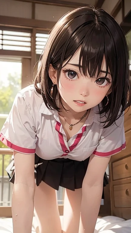 In 8K,highest quality,The real picture,Intricate details,超A high resolution,Depth Field,Masseter muscle area,Natural soft light,Professional Lighting,1 girl,(cute:1.2),Very beautiful 17 year old girl,Detailed eyes,((Brown eyes)),(Black Hair),(short hair),(bangs),Perfect Skin,Shiny skin,Pure white skin,Fine skin,Big and ample breasts,((Perfect Anatomy,Nice hands,Perfect hands,Five fingers connected to the palm,Precise needles without discomfort)),Perfect Barefoot,Delicate legs,Perfect balance,sexy,I can see your chest,((Japanese Uniform)),((Uniform Mini Skirt)),(tie),Black socks,Chano Leather Shoes,Lurking deep in the city,I can see your crotch,Show me your panties in the street,Both legs are bent,Spread your legs in an M shape,,I can see your pants,Slender thighs when viewed from the front