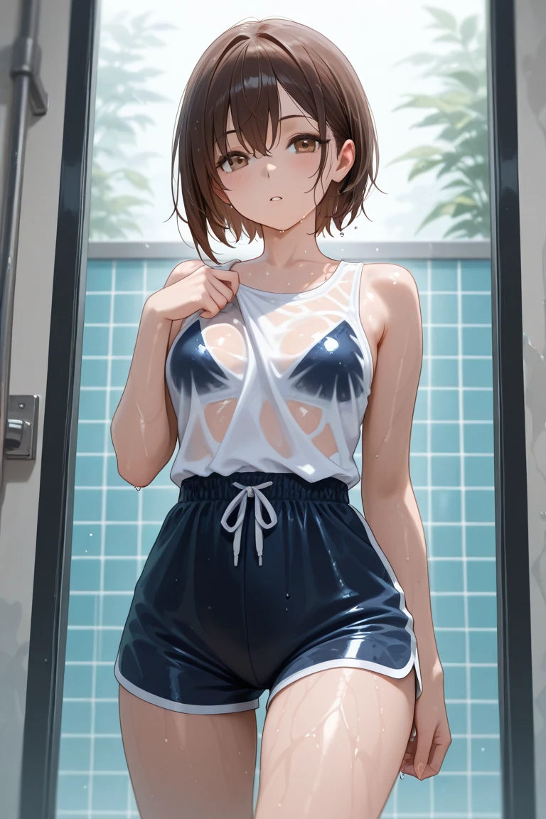 1girl,competition swimsuit kinomoto sakura, solo, green eyes, brown hair, short hair, antenna hair, shiny clothes, locker,shiny, looking at viewer, flat chest,blush,pussy,wet clothes,crying face,high reg