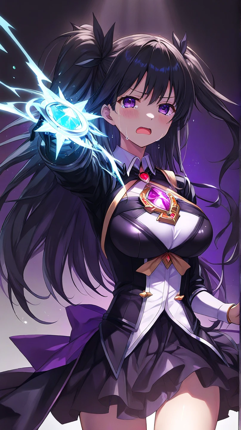 Woman with black eyes, long black hair, white blouse with black stars, black jacket with stars, leotard, bare legs, purple stellar energy around, cosmic power, cosmic shining power. black hair, black eyes. Shooting with your finger, making a gun with your finger.
