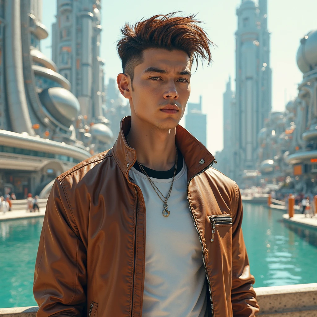 man with brown hair in a pompadour hairstyle wearing a futurist brown jacket, on top of a futurist white t-shirt with black neck, he is in a city on a lake