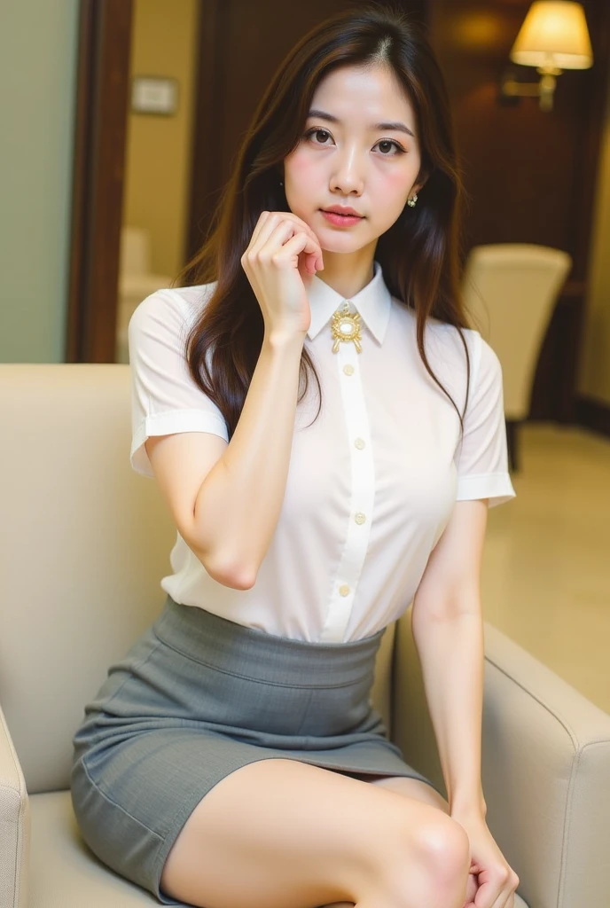 There is an elite office lady sitting cross-legged on the sofa, (Wearing pantyhose,Realistic Pantyhose)、Skirt and thighs、wearing a vest、White ultra-thin shirt、in a strict suit, 30 year old female, 3 0 years old woman, 165 cm tall, Full legs、A smile、Raw photo, (8K、top-quality、​masterpiece:1.2)、(intricate detailes:1.4)、(Photorealsitic:1.4)、octane renderings、Complex 3D rendering ultra detail, studio lights, Rim Lights, vibrant detail, super detailing, realistic skin textures, Detail Face, Beautiful detail eyes, Very detailed CG Unity 16k wallpaper, make - up, (detailedbackground:1.2), shinny skin、Exposed thighs!!!、