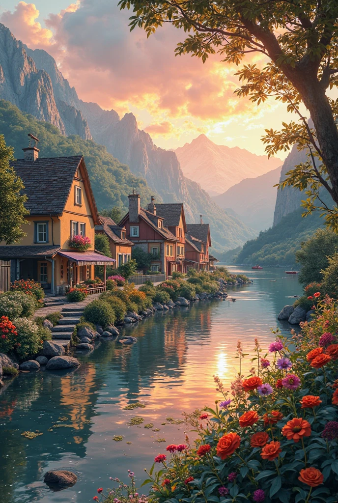 a small village by the river, mountains in the background, floral flowers colorful, detailed landscape, Beautiful natural landscapes, atmospheric lighting, scorching sunset, warm colours, practical, photopractical, Detailed Foliage, complex buildings, cobblestone street, Charming country house, swirly vibrant colors, lush vegetation, Still water reflections, Picturesque, idyllic, work of art, best qualityer, 8k, extremely detaild,anime styling