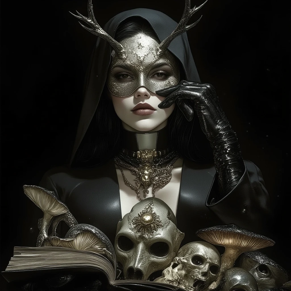 (Best Quality, tmasterpiece:1,1) ,The Queen of Spades, Dramatic plot in the cemetery, caustic chlorine mist, body complet, ((Bastien-Lecuffe-Descharmes style), [section], Detailed Illustration, grotesque, Complicated details, chilling, (aesthetics), excitement, Hyper-realistic, insanely detailed,