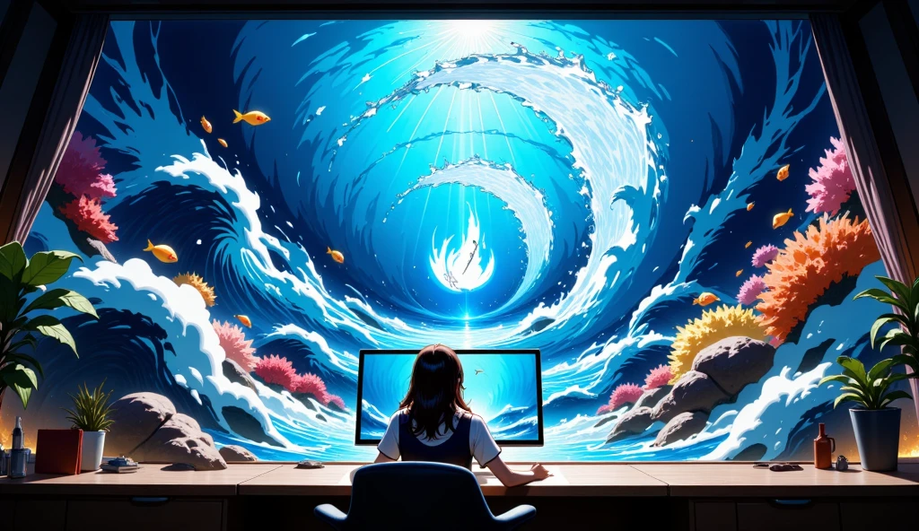 Wide landscape shot of a female artist sitting at her desk, drawing on a digital tablet — a massive wave bursts out of the screen, transforming the entire room into a vivid underwater scene  
The wave expands into the real world with colorful glowing fish, jellyfish, coral reefs, and swirling water around her  
The walls dissolve into an oceanic landscape with surreal light shafts, magical foam, and vibrant aquatic life  
Her artwork is no longer confined to the canvas — it flows outward and fills the room like living imagination  
Photorealistic digital fantasy art  
Ultra-high detail, colorful light rays, magical realism, underwater fusion  
Color palette: luminous blues, vibrant corals, golden highlights, deep teal shadows  
Dynamic lighting from the digital screen and underwater particles  
best quality, cinematic composition, masterpiece, trending on ArtStation