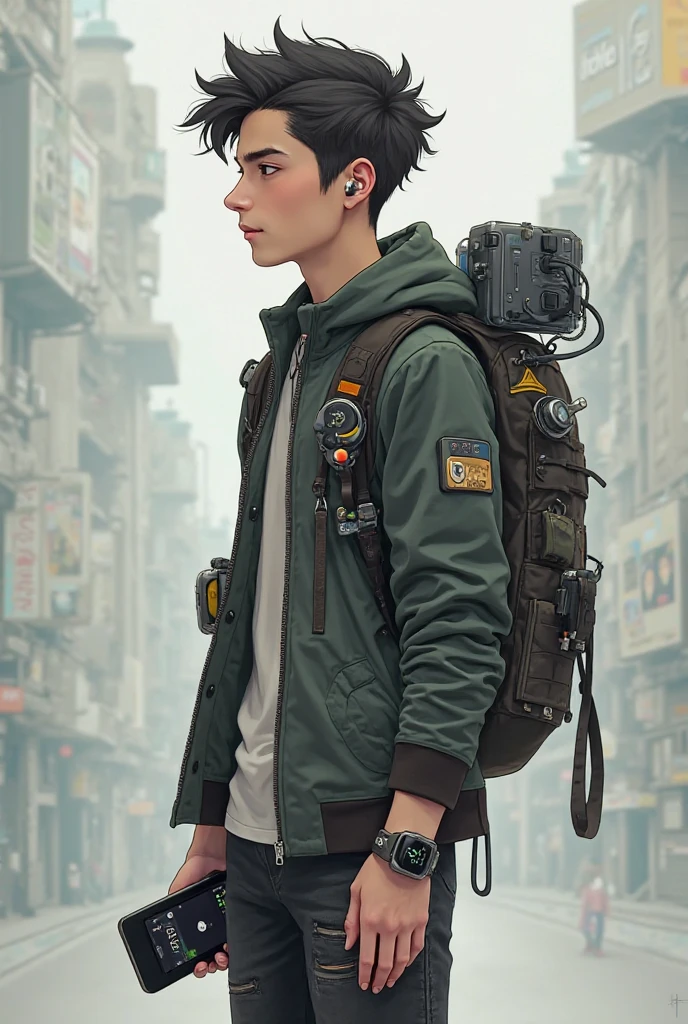 Jeune homme petit, mince mais avec plein de gadget sur lui 