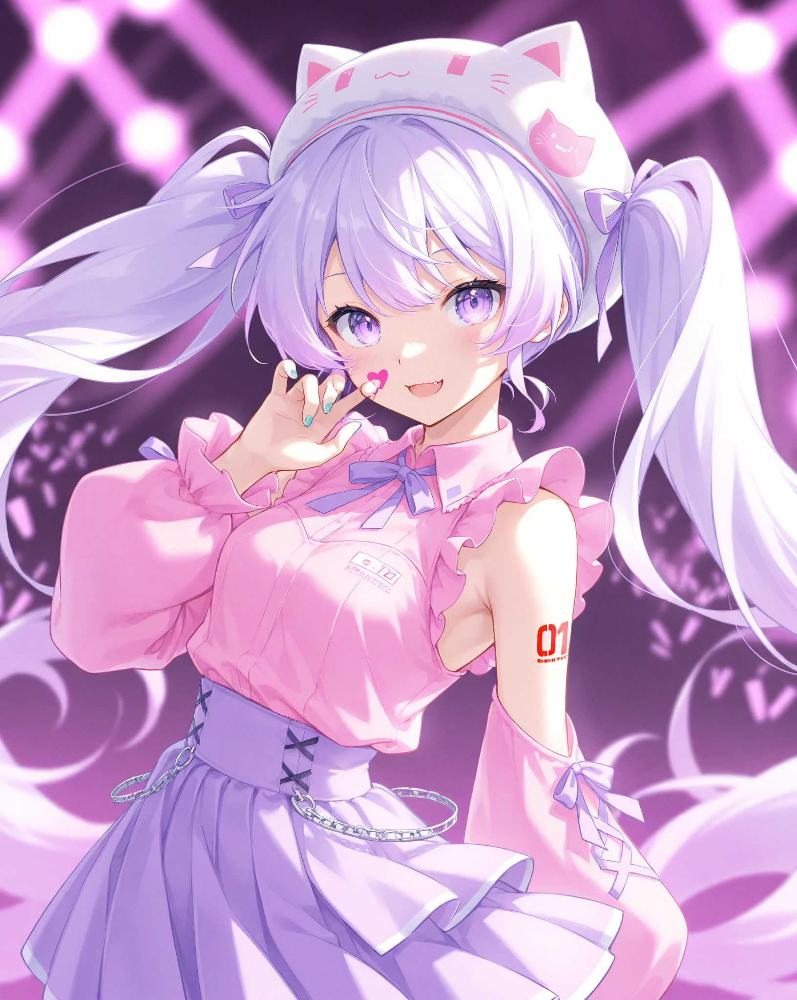 solo,Whole body、Young face、long silver Hair、long Twin tails、Spoiled brat、Immature body、(Small breasts)、smile、(Thick thighs:1.5)、Backwards、looking at viewer、Open mouth、double teeth、fang、blushing and sticking out her cute tongue, tongue out、sensational、Back view, Character portrait, whole body、little demon's horns and a tail、big Buttocks、(wearing a Magical girl costume)、Night view、tongue out, sexy panties、Shy face、pink tattoo on her abdomen、Seduce、(on a bed)、Cowboy Shot、On all four、 (looking back over their shoulder),
