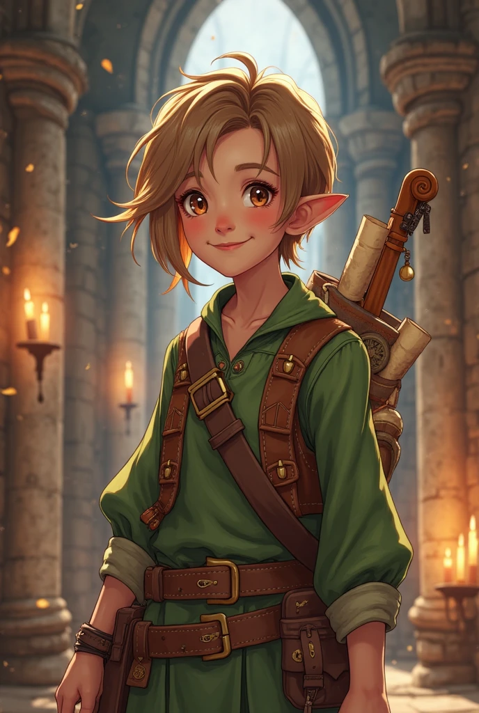 A semi-realistic anime-style portrait of a cheerful and adventurous young halfling bard girl, inspired by Linzi from Pathfinder: Kingmaker, rendered in the style of Final Fantasy VII Remake. She has short, light brown hair, expressive hazel eyes, and a bright, optimistic smile full of charm. Her outfit combines scholarly and whimsical elements—featuring a green tunic, a leather vest with detailed stitching, a satchel filled with scrolls and books, and a lute strapped to her back. The materials appear realistic with fine textures—worn leather, aged parchment, and weathered fabric. She stands in a softly lit medieval fantasy environment with stone buildings and warm candlelight, subtly blurred in the background. Her pose is energetic and full of life, as if she’s about to jot down an epic tale or start a song. Rendered with cinematic lighting, rich detail, ambient particle effects, and the polished, immersive fantasy aesthetic of Final Fantasy VII Remake.