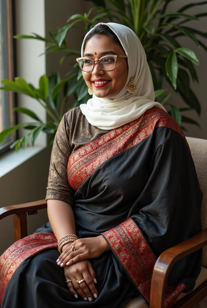 Fair and beautiful ,stunning ,curvy 45 year old Indian Muslim woman wearing a dark pink hijab and dark maroonish puce abaya frock with embroidery showing cleavage low neckline in depth of field apartment interior background , medium close up shot , shot on iphone 13 , professional photo , no makeup
