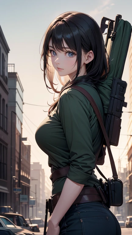 masterpiece, best quality, high res, Detailed figure and hands, Detailed weapon and expression, Apocalyptic , Scarce trees , Tons of old buildings, (Lush plants growing on the road), (Abandoned cars and fallen signs), (A woman wearing an old combat uniform-style suit with a focus on straps, Wearing a backpack), (Woman with a tied head, strong expression), (A woman is pointing a gun at the back of a man's head), (Man standing defenseless), tense atmosphere, , soft yet dreary twilight lighting, Cinematic wide-angle composition, A happy bright smile, hugging a man in ragged clothes.