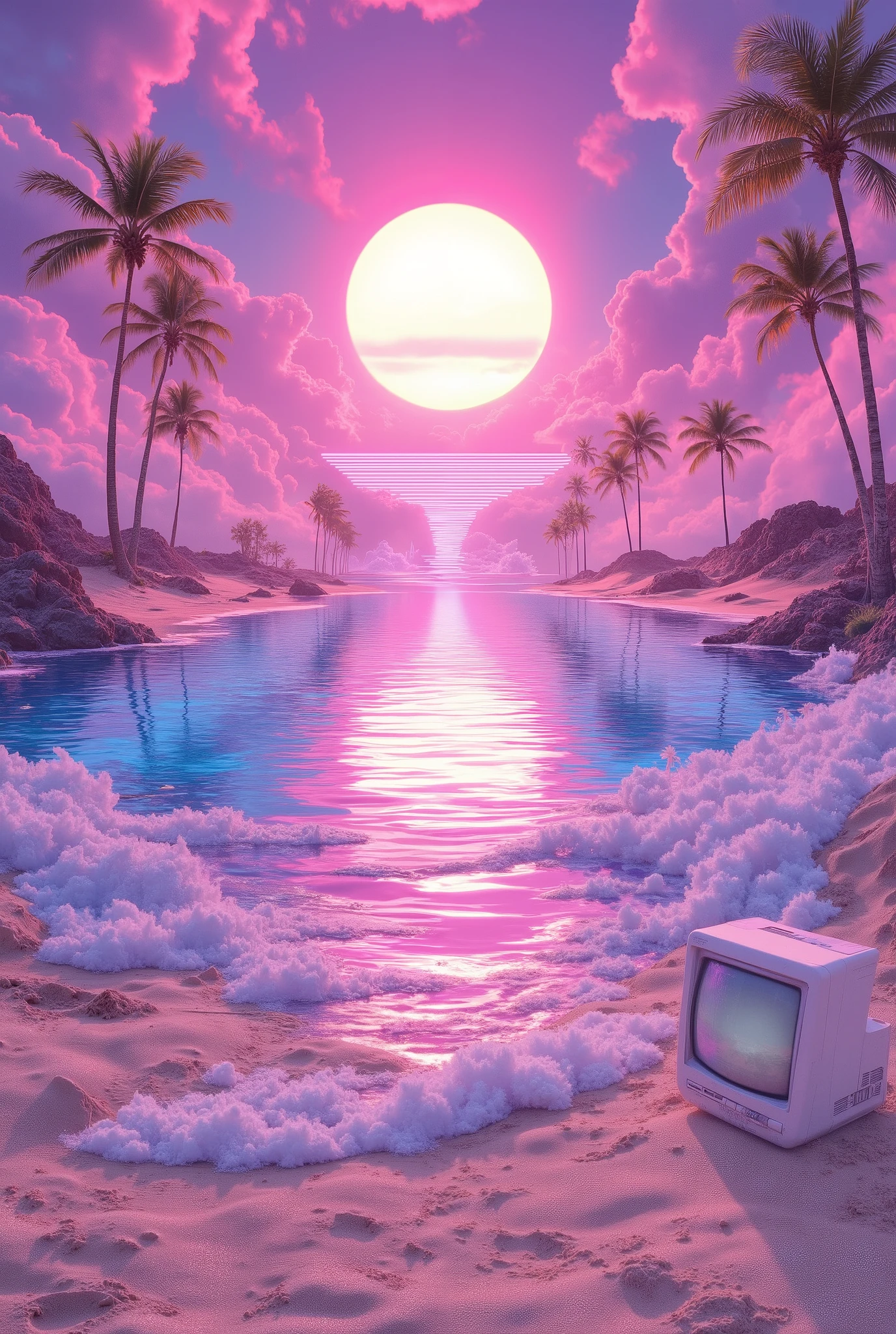{{A ((dynamic)) depiction of {((a retro-futuristic beach scene with palm trees, synthwave sun, and old CRT monitors buried in sand))}} with {((glitch waves crashing in pixel motion and pastel clouds forming loading bars))}. This is a {((abstract vaporwave collage))}-inspired image that showcases {((cyber nostalgia, pink gradients, and glitch distortions))}. The environment/background should be {((outdoor surreal beachfront with floating geometric forms and wireframe grids))} to create an {((otherworldly nostalgic fantasy))}. The image should be in the style of a {((photomanipulated artwork))}, incorporating elements of {((Seapunk, Digital Decay Art, Windows 95 aesthetics, The Midnight album art))}. The {((panoramic shot))} shot, captured with a {((fish-eye lens))} lens, will provide a {((distorted wide-angle view for maximum retro effect))}. The lighting should be {((intense sunset glow with chromatic shifts))}, emphasizing {((lens flares, scanlines, and color banding))}. The desired level of detail is {((medium-high))} with a {((HD 1920x1080))} resolution, highlighting {((retro-futuristic elements and glitch dynamics))}. The goal is to create a {((emotionally evocative))} image that captivates viewers with its {((digital nostalgia overload))}.