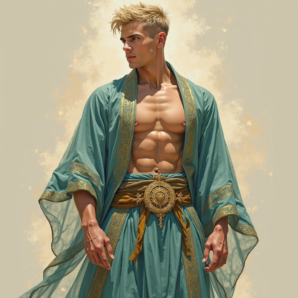 character portrait painting in an action hero style, side-front view of a naked muscular hero with huge bodybuilder physique, upper body, handsome pale Danish aged 25, short blonde hair, long shot, facing the viewer, human good male monk, in Arabian Nights costume, standing in a relaxed pose,  elaborate loose sheer teal kimono-style dress, shades of cream and gold, a magical symbol woven in golden thread into sheer clothing, dynamic pose, action hero, intricate and detailed drawing