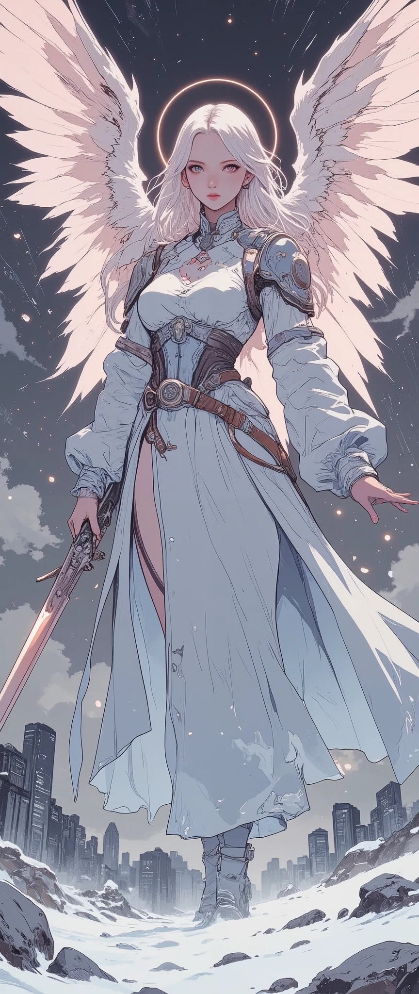 The figure of a young, A beautiful angel girl with large blue and white full-length wings, with a beautifully curved body, half-wrapped , slightly turning her head towards the viewer, young, with very beautiful young features, beautiful transparent, finely drawn eyes in a very light shade, sensual pink slightly open lips, very light skin and a loose, very long white hair, elegant silver-gray armor. long, flowing light blue dress, fluttering in the wind. } An angel girl holds a long elegant sword, which gives her a confident and decisive look. Large angel wings with blue and white feathers spread behind her. A soft radiant glow around her head, complementing the image of an angel. The background depicts an abandoned snowy landscape, subtly emphasized by a cold color in a palette of gray, lilac, pale pink, white and blue . Soft lighting emphasizes the details of the armor and the lightness of the wings. Low-angle view and low-angle shooting demonstrate the subject and the environment. The scene is detailed., carefully rendered, and creating a sense of mystery and power. fantasy art style, Digital painting.