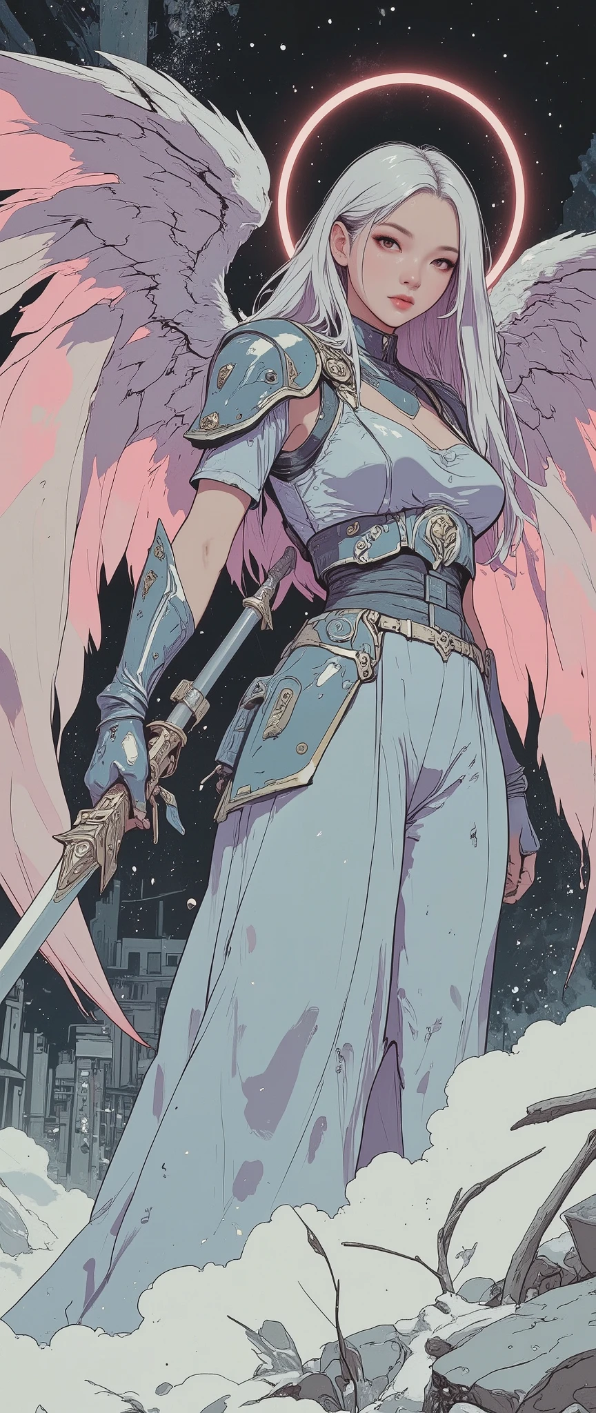 The figure of a young, A beautiful angel girl with large blue and white full-length wings, with a beautifully curved body, half-wrapped , slightly turning her head towards the viewer, young, with very beautiful young features, beautiful transparent, finely drawn eyes in a very light shade, sensual pink slightly open lips, very light skin and a loose, very long white hair, elegant silver-gray armor. long, flowing light blue dress, fluttering in the wind. } An angel girl holds a long elegant sword, which gives her a confident and decisive look. Large angel wings with blue and white feathers spread behind her. A soft radiant glow around her head, complementing the image of an angel. The background depicts an abandoned snowy landscape, subtly emphasized by a cold color in a palette of gray, lilac, pale pink, white and blue . Soft lighting emphasizes the details of the armor and the lightness of the wings. Low-angle view and low-angle shooting demonstrate the subject and the environment. The scene is detailed., carefully rendered, and creating a sense of mystery and power. fantasy art style, Digital painting.
