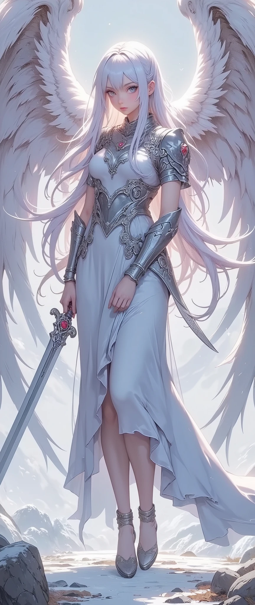 The figure of a young, A beautiful angel girl with large blue and white full-length wings, with a beautifully curved body, half-wrapped , slightly turning her head towards the viewer, young, with very beautiful young features, beautiful transparent, finely drawn eyes in a very light shade, sensual pink slightly open lips, very light skin and a loose, very long white hair, elegant silver-gray armor. long, flowing light blue dress, fluttering in the wind. } An angel girl holds a long elegant sword, which gives her a confident and decisive look. Large angel wings with blue and white feathers spread behind her. A soft radiant glow around her head, complementing the image of an angel. The background depicts an abandoned snowy landscape, subtly emphasized by a cold color in a palette of gray, lilac, pale pink, white and blue . Soft lighting emphasizes the details of the armor and the lightness of the wings. Low-angle view and low-angle shooting demonstrate the subject and the environment. The scene is detailed., carefully rendered, and creating a sense of mystery and power. fantasy art style, Digital painting.