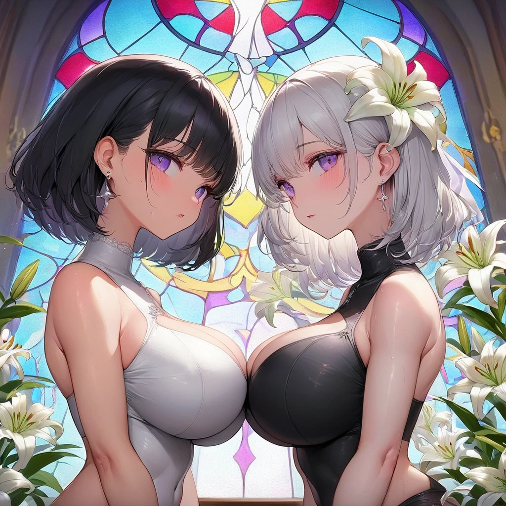 (Masterpiece:1.3, premium, ultra high resolution, ultra detailed), (realist, photorealist:1.4), beautiful illustration, (Natural side lighting, movie lighting), Depth of fields, looking at the viewer, bust photo, 1 girl, , Perfect face, (perfect anatomy), cute and symmetrical face, baby face, shiny skin, slender (wide:1.8, Straight hair:1.2, silver hair), hair over one eye, purple eyes, pink lips, long eyelashes, (big breasts:iful hair, beautiful face, Beautiful detailed eyes, beautiful clavicle, beautiful body, beautiful chest, beautiful thigh, nice legs, beautiful fingers, detailed fabric texture, ((naked)), flower head, td, ((naked, unclothed, without thSin blaze, without any clothes)), (collar, arete, branch, (lace gloves:1.2), (Veil:1.2), (Short transparent veil:1.2), (beautiful landscape), evening, crystal clear sunlight, (church, Stained glass) walking, (happy smile, blush), With her legs open touching and showing her vagina (( las dos nakeds))