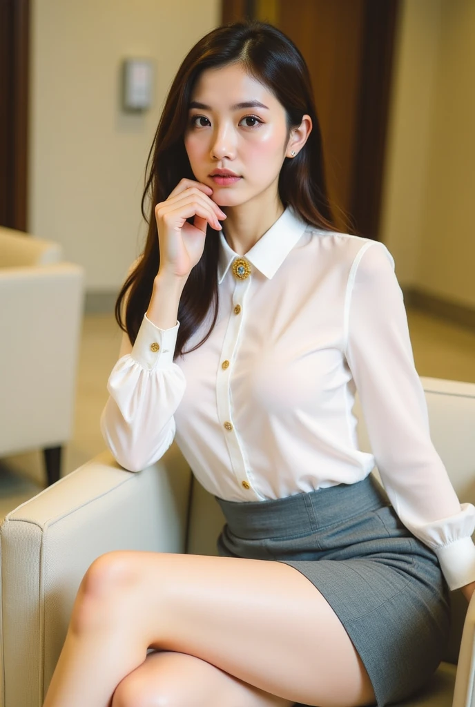 ulzzang-6500-v1.1, (RAW photo:1.2), (Photoreal), (See-through:1.3), (muste piece), (genuine:1.4), 1girl、26 years old、game_ticker, オーシャンブルーのeye(eye), smile of shame、blonde semi-long hair、curly hair、ヨーロッパのgirl、(Elegant silk blouse:1.3), (super realistic pantyhose:1.2), (flare skirt:1.2), sitting in the office and working at the desk、realistic skin texture、shiny skin、exposed thighs!!! , Makeup、