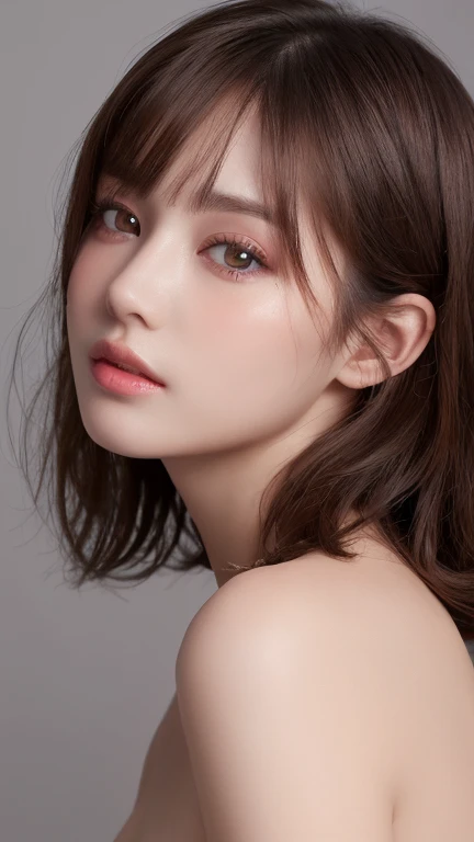 1 female, Light brown hair, Blunt bangs, Hair behind the ear, Hair that falls over the shoulders, Long Hair, Ultra Fine Face, Thin face, Delicate lips, (Beautiful Eyes:1.5), Lightly reddish, eyes are light brown,See this, Ultra-fine needle, very thin fingers, The optimal ratio is four fingers to one thumb.,  Nipples, Port Area ,First Person View,  8k, Tabletop, Hmph, Super Detail, high quality, 最high quality, High resolution,