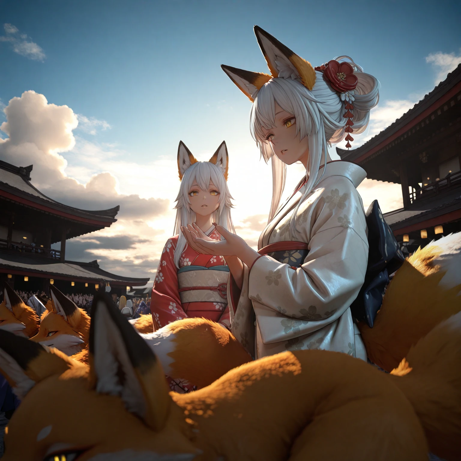 1Girls,  foxtail , sky,  white hair, long hair, Animal ears, excellent work, yellow eyes, Fox, parted lips, look at the audience, kimono, Floral Print, outdoor, image like, Rear Pile Hands, Adjust hairstyle, Cloud, 3D Lighting,