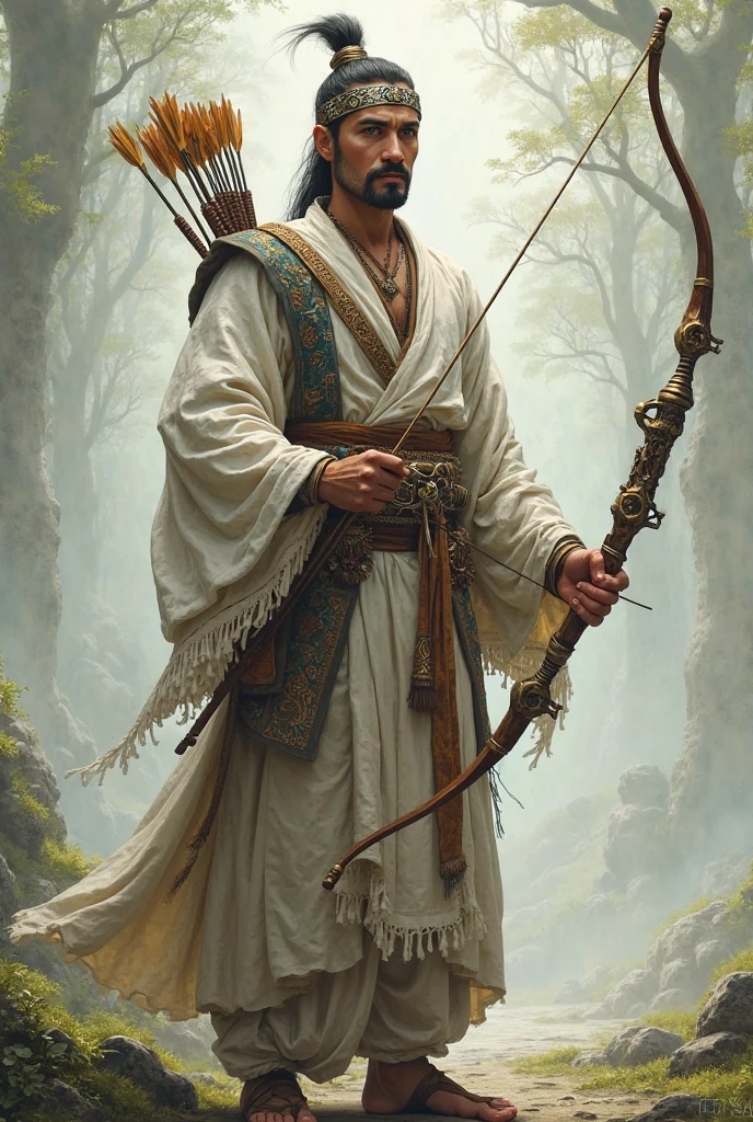 A man with traditional clothes with bow and arrow 

